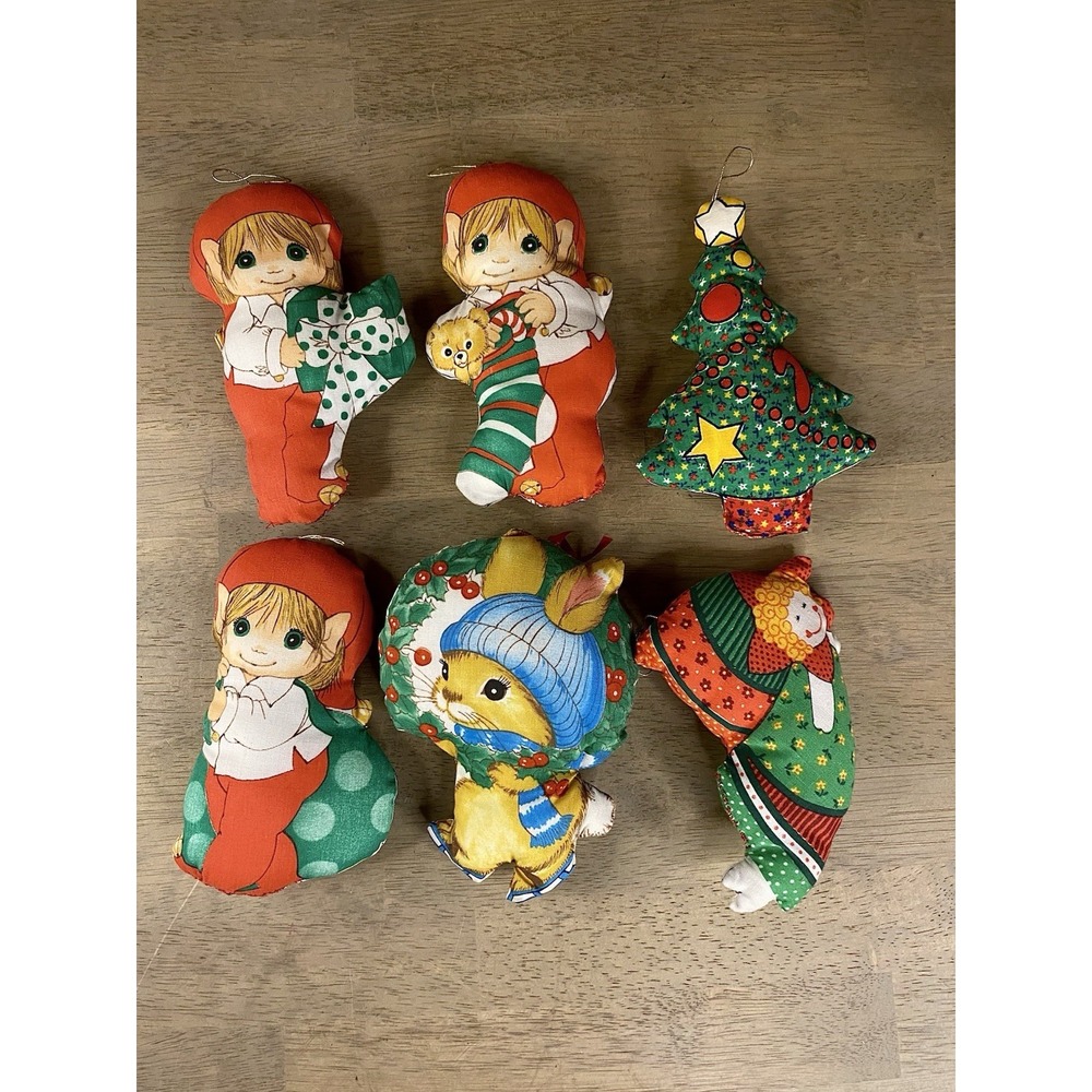 Vintage Fabric Plush Stuffed Christmas Ornaments Cut & Sew Mid Century Lot of 6